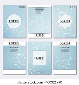 Vector brochure template, flyer, cover magazine in A4 size. Structure molecule of DNA and neurons. Abstract background. Medicine, science and technology