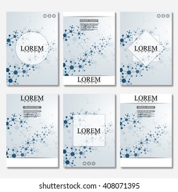 Vector brochure template, flyer, cover magazine in A4 size. Structure molecule of DNA and neurons. Abstract background. Medicine, science and technology. Vector illustration