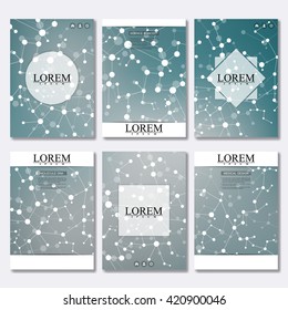 Vector brochure template, flyer, cover magazine in A4 size. Structure molecule of DNA and neurons. Abstract background. Medicine, science and technology.