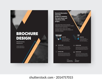 Vector brochure template, front, back view, with triangular inserts for a photo, yellow design elements on a black background. Layout pamphlet for print, information, presentation of business concept