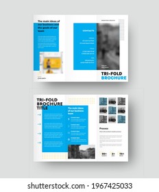 Vector brochure template with geometric blue design, trifold presentation on white background. Layout booklet with realistic shadows. Creative business leaflet concept, newsletter with place for photo