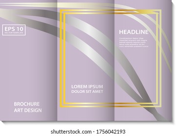 Vector brochure template lilac soft color with silver lines and golden decorative frame. Brochure, banner design. Trendy vector abstract shapes lines for presentations and posters.