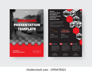 Vector brochure template with presentation of creative geometric design, red hexagons, place for photo, info on black background. Set of flyers with realistic shadows, printable booklet, front, back