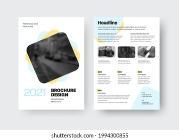 Vector brochure template with square design elements, yellow, blue inserts on white background, place for photo. Leflet layout for advertising, business promotion, with information. Front, back view