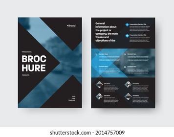 Vector Brochure Template With Stylish Design On Black Background, Blue Cross Elements, Place For Photo. Leaflet Layout For Design Presentation,information,product Promotion, Business.Cover Front, Back