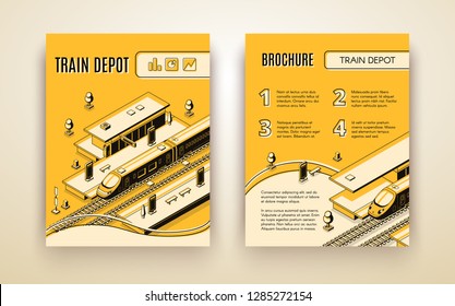 Vector brochure template for train depot. 3d isometric vehicle on railroad and station. Booklet in thin line style, transport logistics. Yellow background with terminal for high-speed subway.