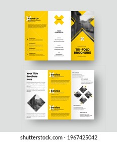 Vector Brochure Template, Trifold Presentation With Geometric Design, Cross And Yellow Elements. The Layout Of The Letterhead For Advertising, Business Promotion. Booklet With Realistic Shadows. Set