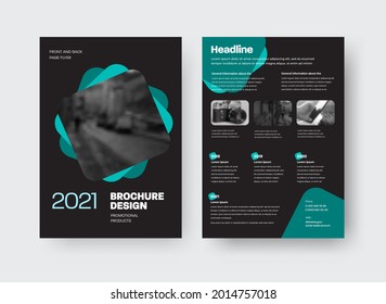 Vector brochure template with turquoise squares, place for photo, on black background with shadows. Layout of standard booklet for menu, information, presentation of business concept, front, back view