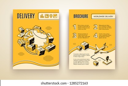 Vector brochure template for worldwide shipping, air delivery. 3d isometric planet with parcels, mail and plane. Booklet in thin line style, transport logistics. Yellow background with boxes, aircraft