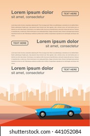 Vector brochure transport flyer design, retro car goes on road, layout template A4 size