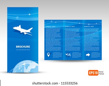 Vector brochure tri-fold layout design template airplane takeoff flight tickets air fly cloud sky blue white color travel background