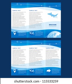 Vector brochure tri-fold layout design template airplane takeoff flight tickets air fly cloud sky blue white color travel background