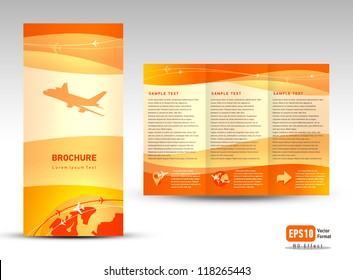 Folleto del vector plantilla de diseño triculo avión despegue de avión boletos de vuelo nube aire cielo naranja color naranja cielo de vuelo fondo de viaje