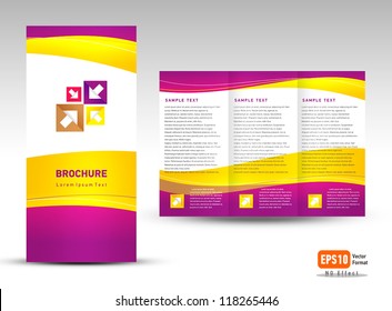 Vector brochure tri-fold layout design template yellow violet white color background