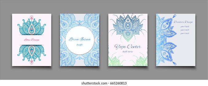 Vector brochures set with hand drawn lotus element. Yoga, wedding, greeting card, invitation, advertising organic templates.