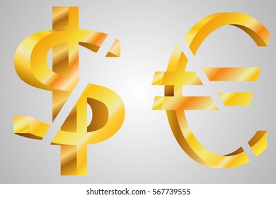 Vector of broken dollar signs and probable. The concept of depreciation