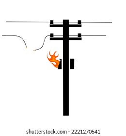 Vector of broken electric pole with spark and stun. A broken cable triggers a fire. Isolated on a white background. Great for electric shock hazard logos.