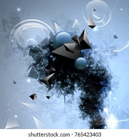 Vector Broken geometric forms on purple Background. Including black abstract smoke. Explosion, Destruction Cracked Surface Illustration. Abstract Party Posters, Used a clipping mask.