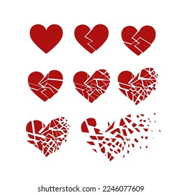 Vector broken into many pieces red heart set