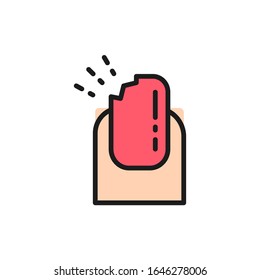 Vector broken nail, manicure salon flat color line icon.
