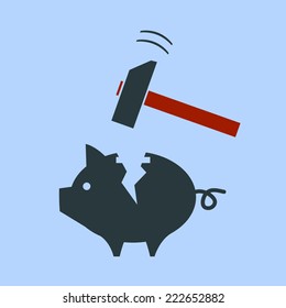 vector broken piggy money box with a hammer | modern flat design pictogram isolated on blue background