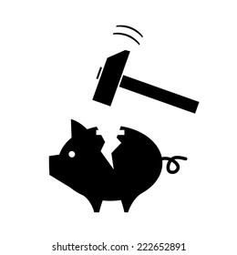 vector broken piggy money box with a hammer | modern black flat design pictogram isolated on white background