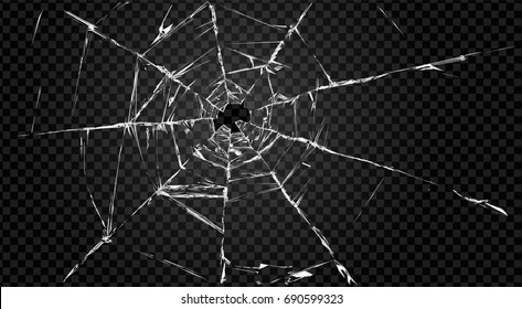 Vector broken transparent glass with cracks and hole in it.