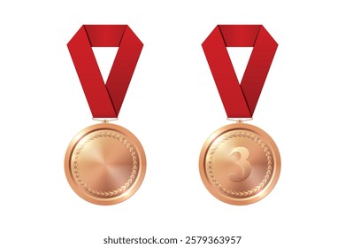 Vector Bronze Award Medal Icon Set with Color Ribbons Close-up Isolated. Bronze Third Place Medal and Blank Medal. Sport Tournament Victory Concept. Design Template for Competition, Award