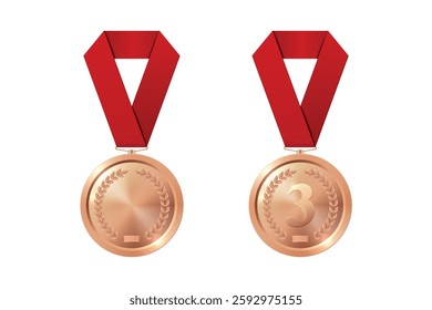 Vector Bronze Award Medal Icon Set with Color Ribbons Close-up Isolated. Bronze Third Place Medal and Blank Medal. Sport Tournament Victory Concept. Design Template for Competition, Award