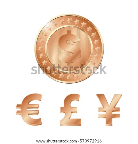 vector bronze coin with dollar, euro, pound and yen signs. EPS