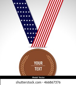 Vector of bronze medal isolated with USA flag ribbon on a grey background