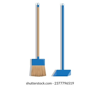 vector of a broom for cleaning the house with a brown and blue wooden handle and a blue scoop for picking up small rubbish or dust