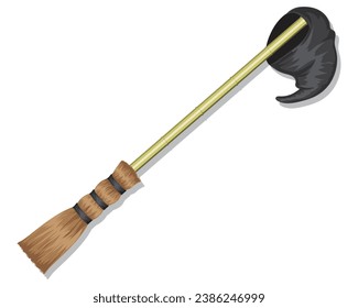 vector: a broom with a handle made of yellow bamboo and three black rope ties on the brown fiber of the bristles and a black witch's hat on the top handle.