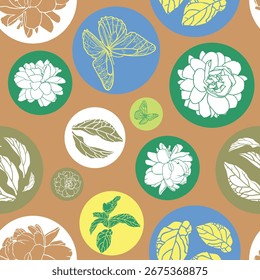 Vector brown background with circles decorated with Jasminum sambac or Arabian Jasmine flower seamless repeat pattern. Suitable for textile, wallpaper and gift wrap.