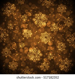 Vector brown background with gold snowflakes