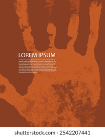 vector brown background with human hand, skin texture pattern and place for text. Scanning the palm and fingers, grunge illustration.