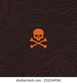 Vector brown background with texture topographic contour line, isolines with green skull with crossbones. Danger place.