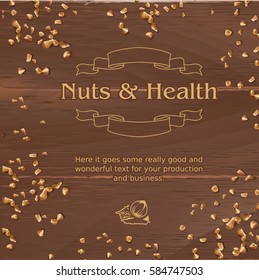 Vector brown background with wooden texture and ground nuts