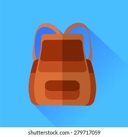 Vector Brown Backpack Isolated on Blue Background. Long Shadow.