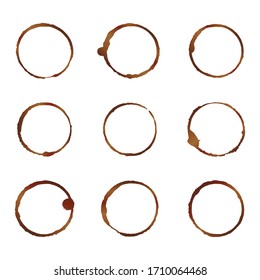 Vector brown and beige coffee cup stains, isolated on white background, tea ring stamps Illustration. Splashes of cups, mugs and drops. Use this high quality set for your menu, bar, cafe, restaurant.