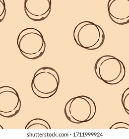 Vector brown and beige coffee cup stains seamless pattern on beige background. Tea ring stamps Illustration. Splashes of cups, mugs and drops. Print for menu, cafe, restaurant, wallpaper, gift paper.
