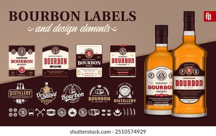 Vector brown, beige and red premium quality bourbon whiskey labels. Realistic bourbon whiskey glass bottle mockups. Distillery branding and identity design elements