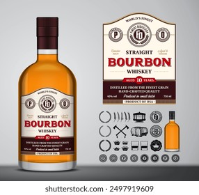 Vector brown, beige and red vintage bourbon whiskey label. Bourbon whiskey glass bottle mockup and design elements