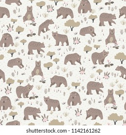 Vector brown and beige seamless repeat pattern of Gobi desert bear and desert tree and plants