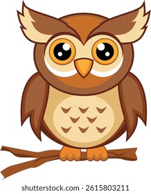 vector brown bird owl on a tree branch cute cartoon illustration