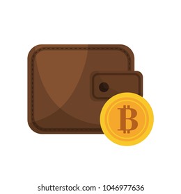 vector brown bitcoin wallet with coin isolated on white background.