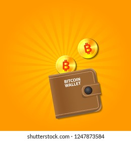 vector brown bitcoin wallet with coins isolated on orange background. business concept illustration.