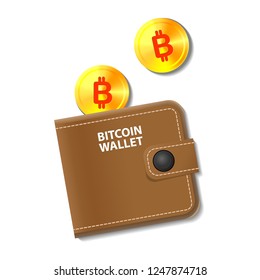 vector brown bitcoin wallet with coins isolated on white background. business concept illustration.