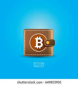 vector brown bitcoin wallet with coins isolated on blue background. 