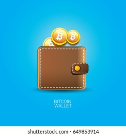 vector brown bitcoin wallet with coins isolated on blue background. 